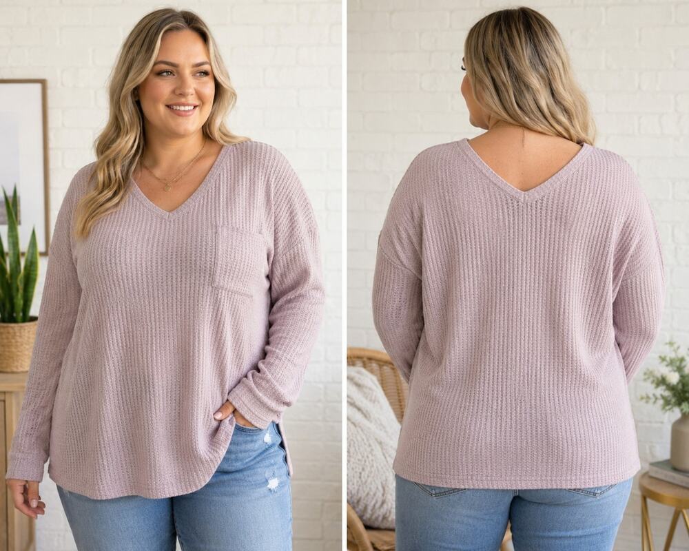 Chaser XXL Womens Waffle Knit V Neck Top Dusty Blush Long Sleeve Pocket NWT